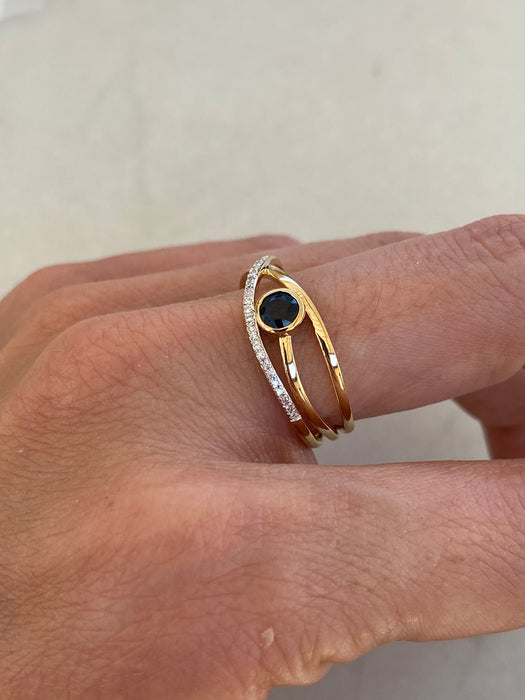 14K Gold Bezel-Set Blue Sapphire & Diamond Triple Band Ring