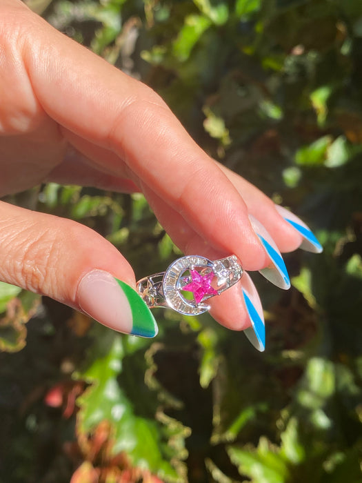 18k white gold baguette diamond kite ruby moon ring size 8.5