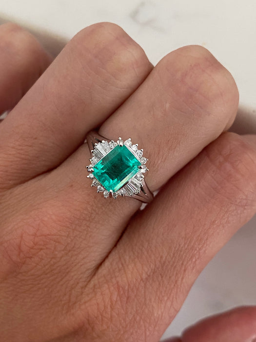 Vintage Platinum 900 GIA Colombian Emerald & Diamond Ballerina Ring | 1.53 CT Emerald | Size 5.75