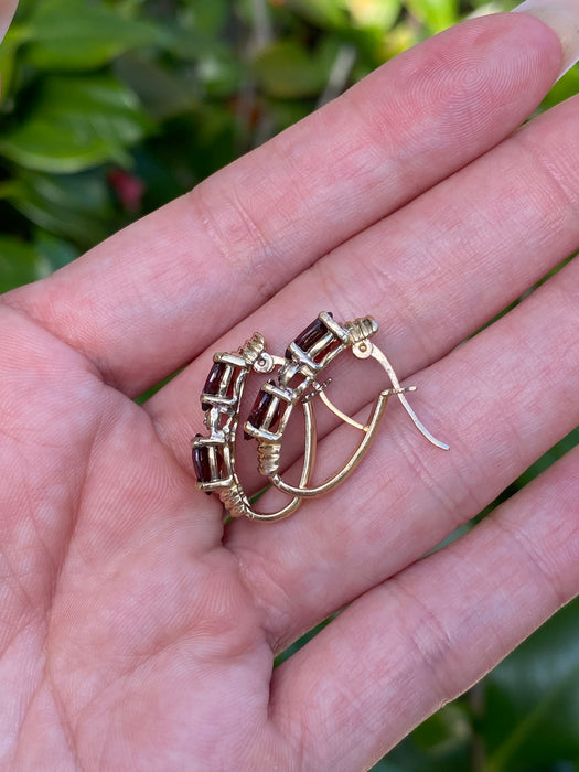 Vintage 14K Gold Garnet Diamond Hoop Earrings