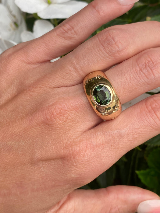 14K Green Tourmaline & Diamond Star Bombe Ring