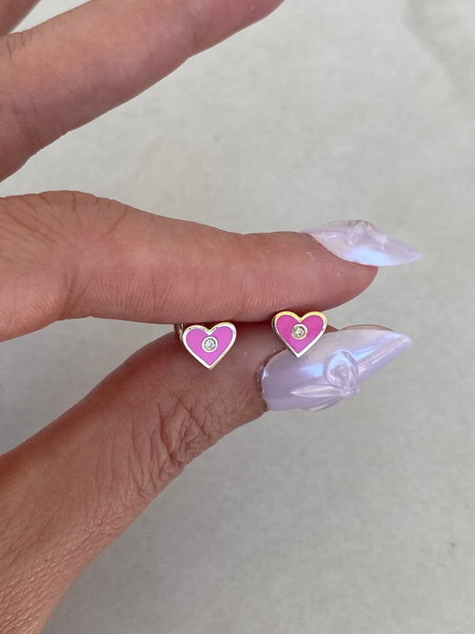 14K Gold Pink Enamel Diamond Heart Stud Earrings