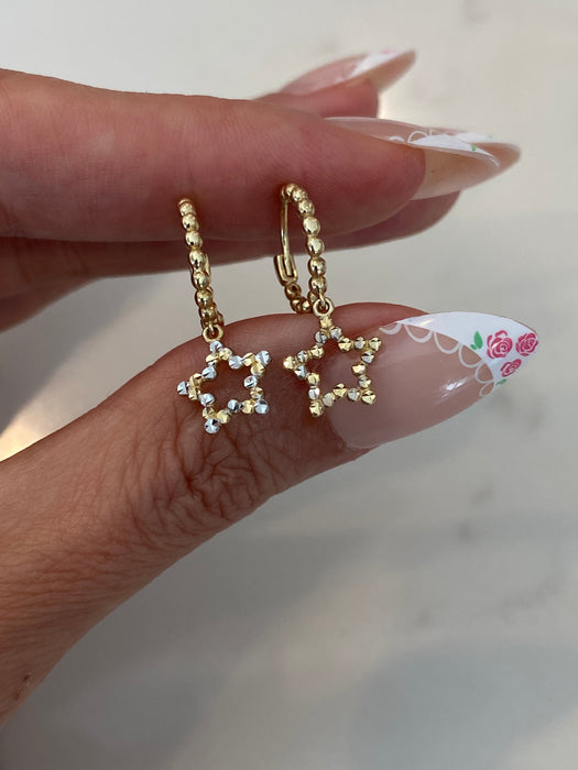 14K Two-Tone Bead Huggie Earrings with Diamond-Cut Star Charms