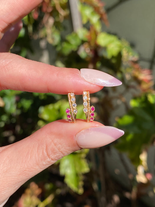 14K Gold Ruby & Diamond Huggie Earrings