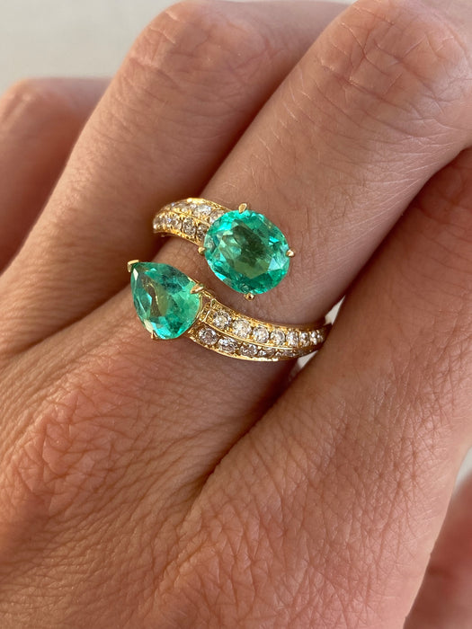 Vintage 18K Emerald & Diamond Bypass Ring