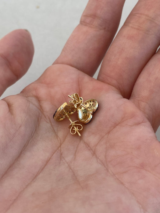14K Gold Blue Sapphire & Diamond Heart Stud Earrings
