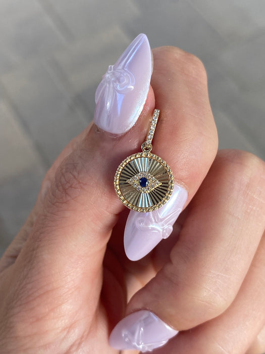 14K Gold Diamond Evil Eye Fluted Disc Charm