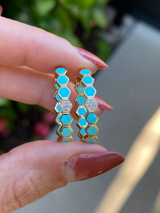 14k blue enamel diamond hexagon huggie hoop earrings