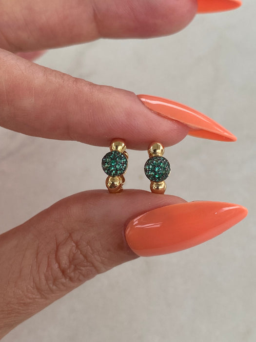 14K Gold Emerald Beaded Huggie Earrings