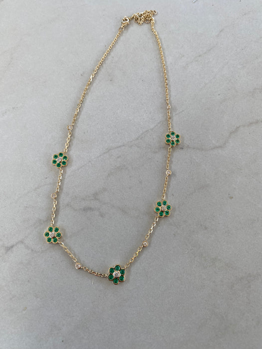 14K Gold Mariner Chain Necklace with Lab Emerald & Diamond Flower Stations