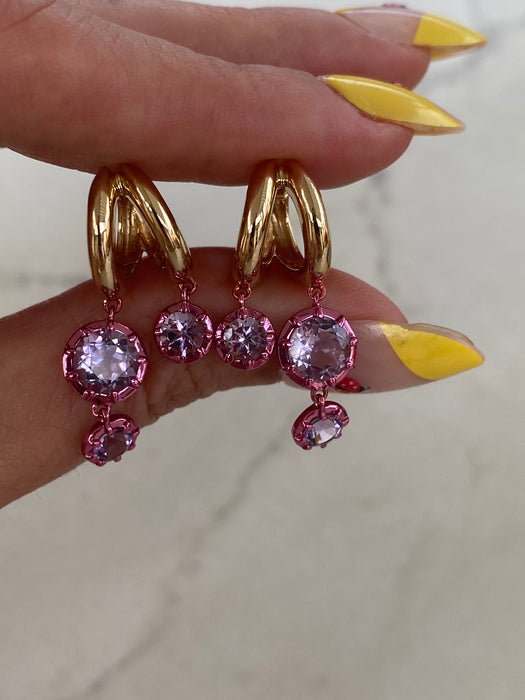 14K Gold Double Huggy Amethyst Drop Earrings with Pink Rhodium Accents