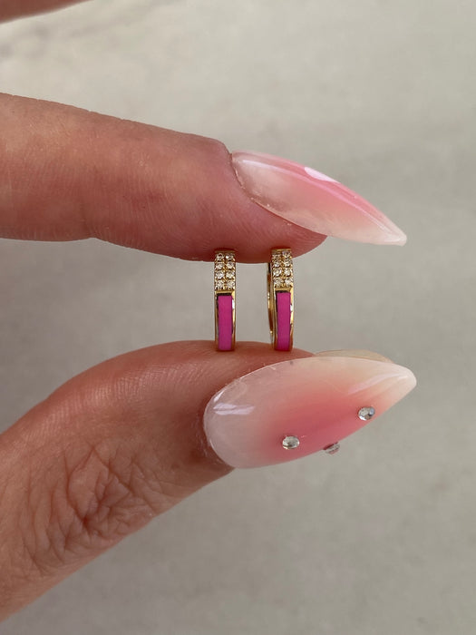 14K Gold Pink Enamel Diamond Huggie Earrings
