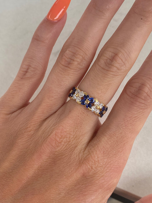 Vintage 18K Gold Blue Sapphire & Diamond Flower Ring | 2.21 TCW | Size 5