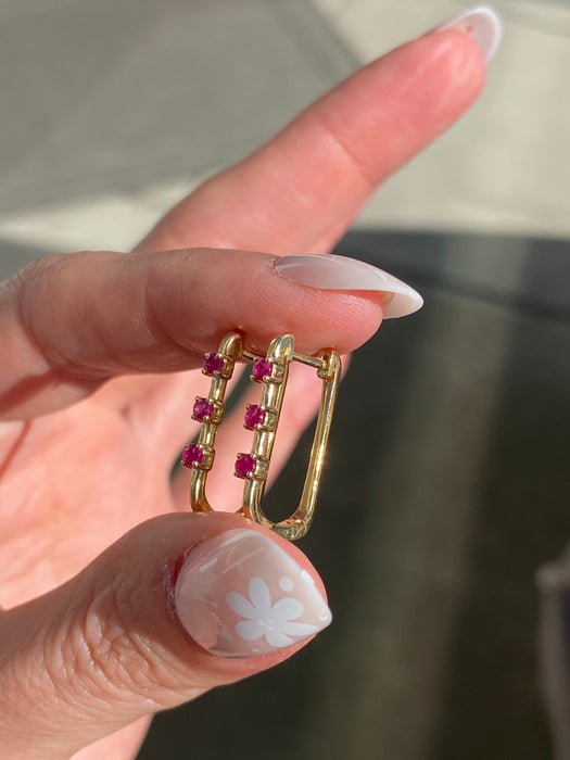 14K Gold Ruby Huggie Earrings