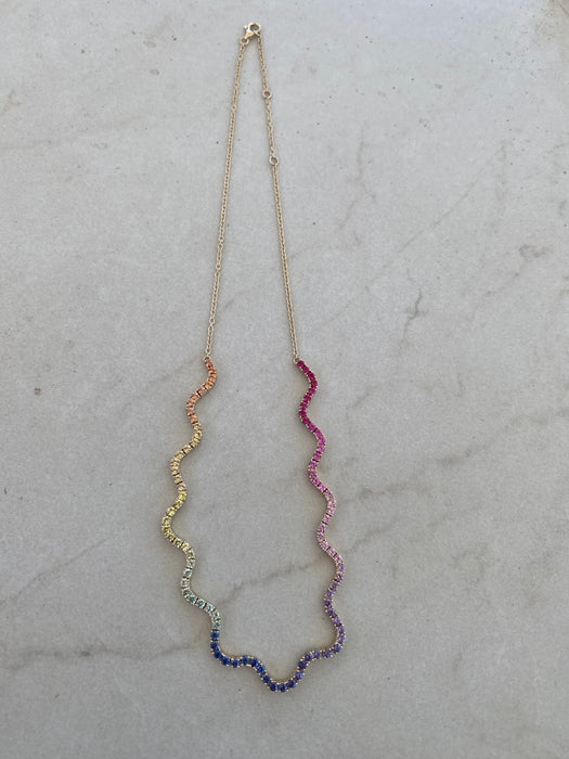 14K Gold Wavy Rainbow Sapphire Necklace