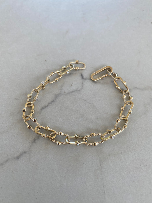 14K Solid Gold Croissant Paperclip Diamond Bracelet