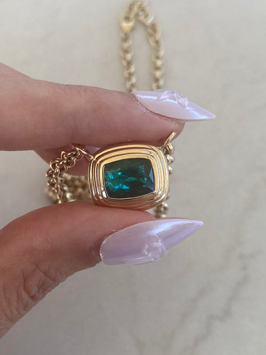 14K Gold 3.24 TCW Natural Blue-Green Tourmaline Rolo Necklace