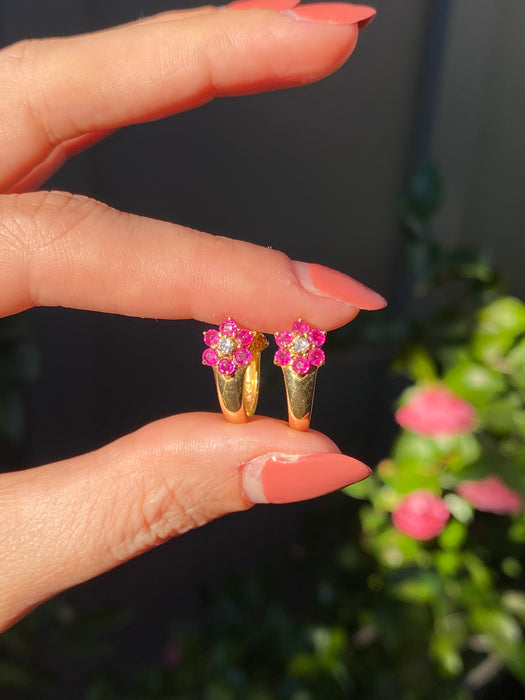 Vintage 18K Ruby Sapphire Diamond Flower Huggie Earrings