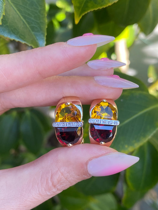 Vintage 14K Gold Garnet, Citrine & Diamond Half Moon Earrings with Omega Backs