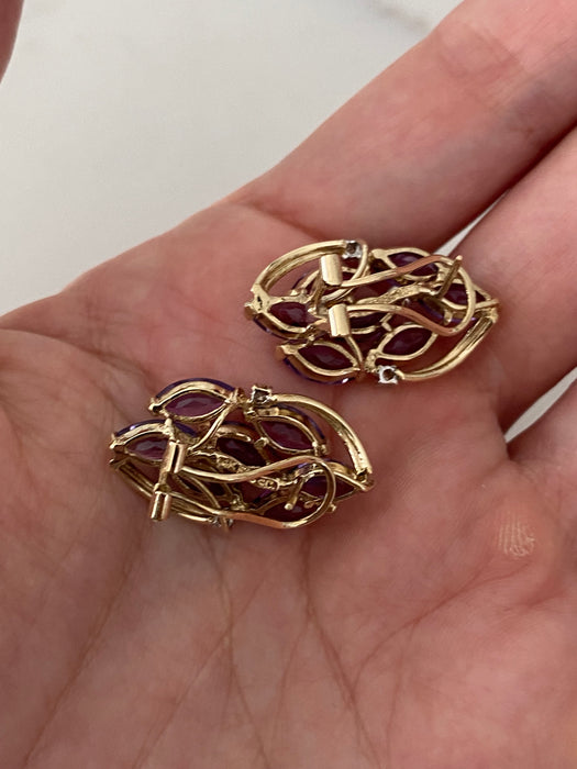 Vintage 14K Gold Marquise Amethyst & Diamond Earrings with Omega Backings
