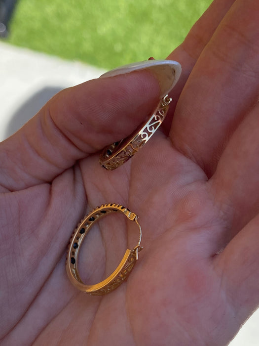Vintage 14K Gold Blue Sapphire & Diamond Hoop Earrings