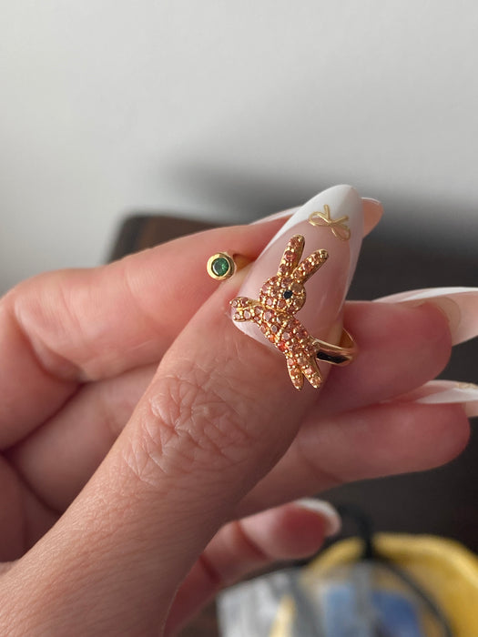 Vintage 18K Gold Orange Sapphire Rabbit Ring with Black Diamond Eye & Emerald Accent