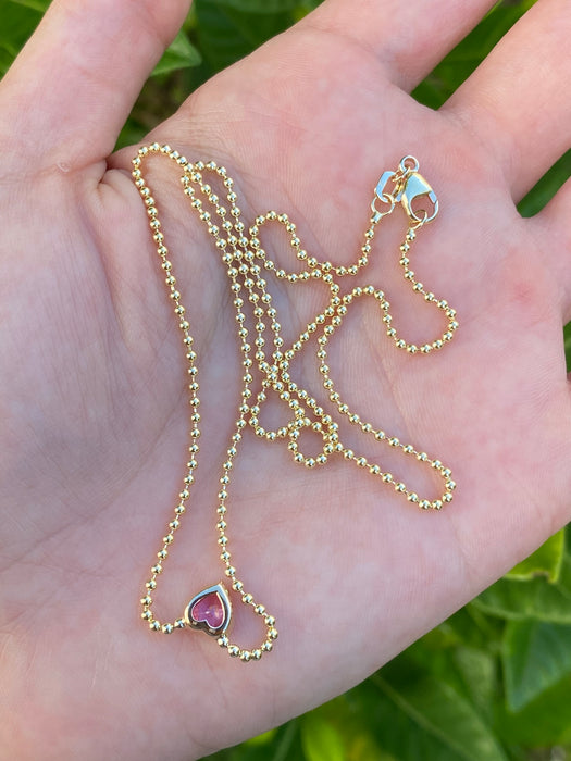 14k bead chain with bezel set pink sapphire heart necklace 18”