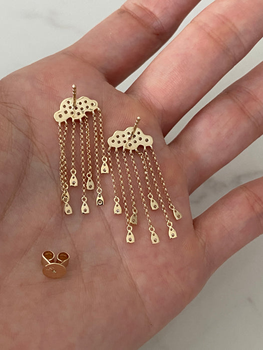 14K Natural Diamond Cloud Rain Drop Stud Earrings