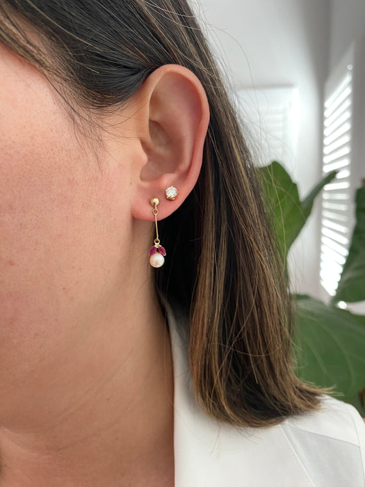 14K Gold Ruby & Pearl Dangle Earrings