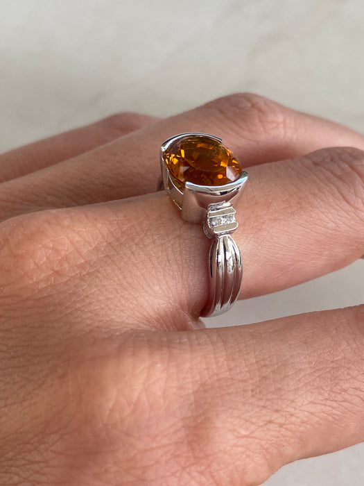 Vintage 14K White Gold Citrine & Diamond Ring – Size 6.5