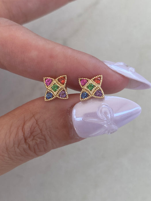 14K Rainbow Gemstone Clover Stud Earrings | Sapphire, Amethyst & Tsavorite