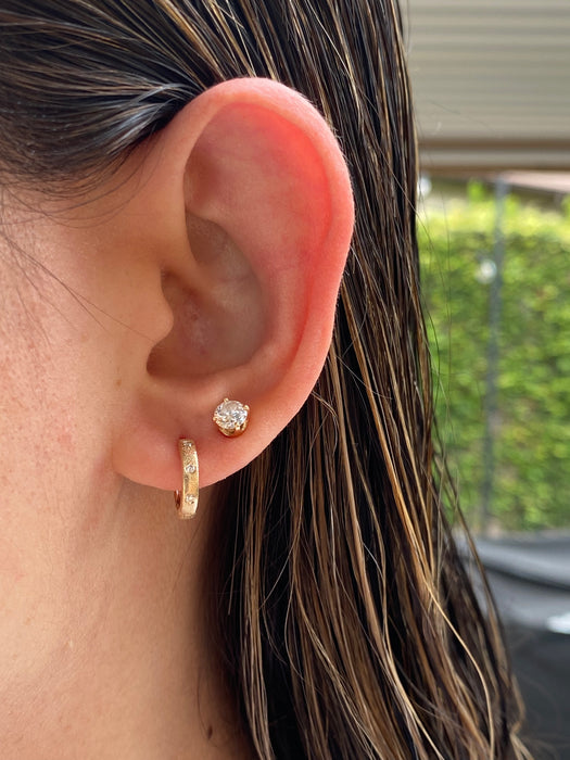 14K Gold Brushed Diamond Huggie Earrings