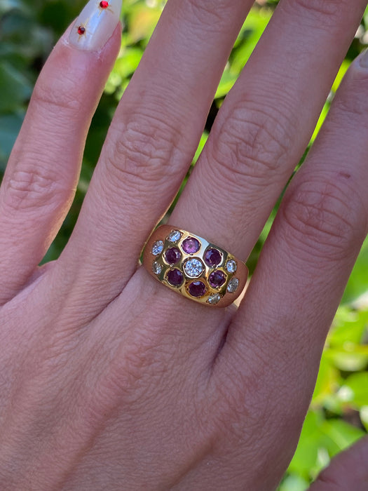 Vintage 18K Ruby and Diamond Flower Ring – Flush Set – 0.80 TCW Rubies – Size 6