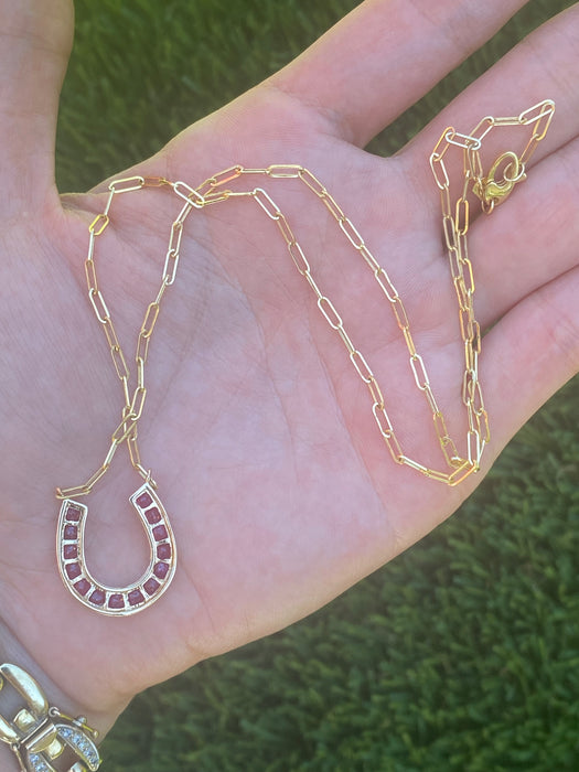 14k Gold Paperclip Necklace with Natural Ruby Horseshoe Charm – 2.08 TCW