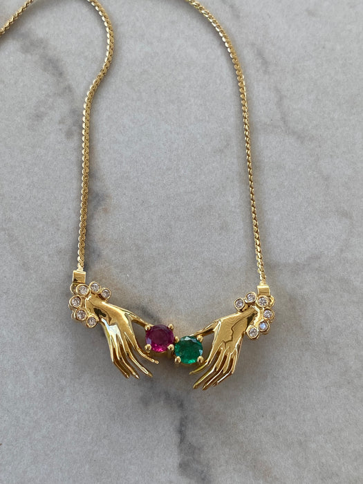 Vintage 18K Gold Hand Necklace with Ruby, Emerald & Diamond Accents – 16.25”