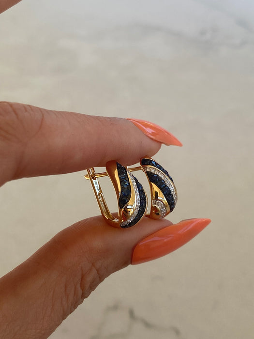 14K Gold Blue Sapphire & Diamond Huggie Earrings
