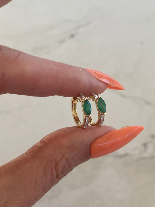 14K Gold Emerald & Diamond Marquise Huggie Earrings