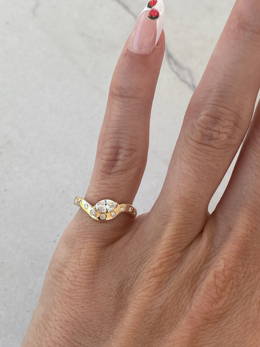 14K Gold Wavy Diamond Band with Flush-Set Marquise & Round Diamonds