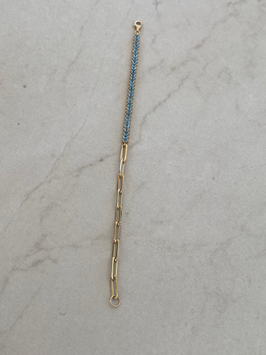 14K Gold Blue Topaz Half Paperclip Bracelet