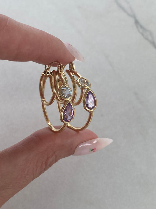 14K Vintage Blue Topaz & Amethyst Hoop Earrings