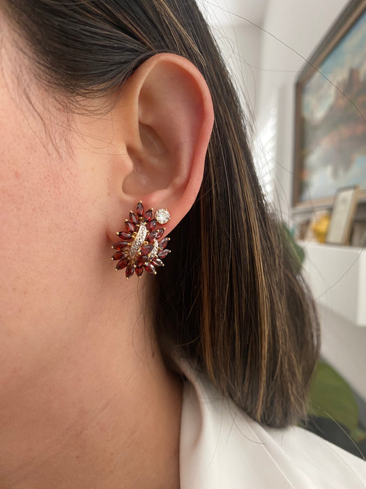 Vintage 14K Gold Marquise Garnet & Diamond Cluster Earrings with Omega Backs