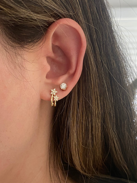14K Gold Double Star Diamond J Huggie Hoop Earrings
