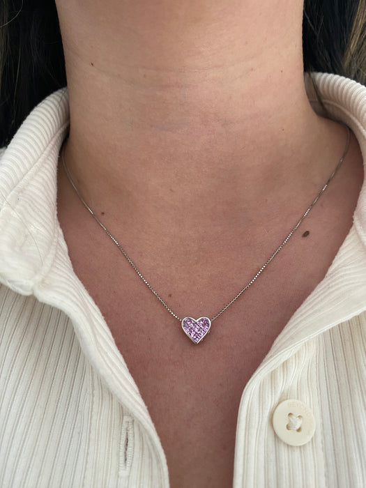 18K White Gold Pink Sapphire Heart Pendant Necklace – 1.08 TCW Princess Cut Invisible Set, Adjustable Chain