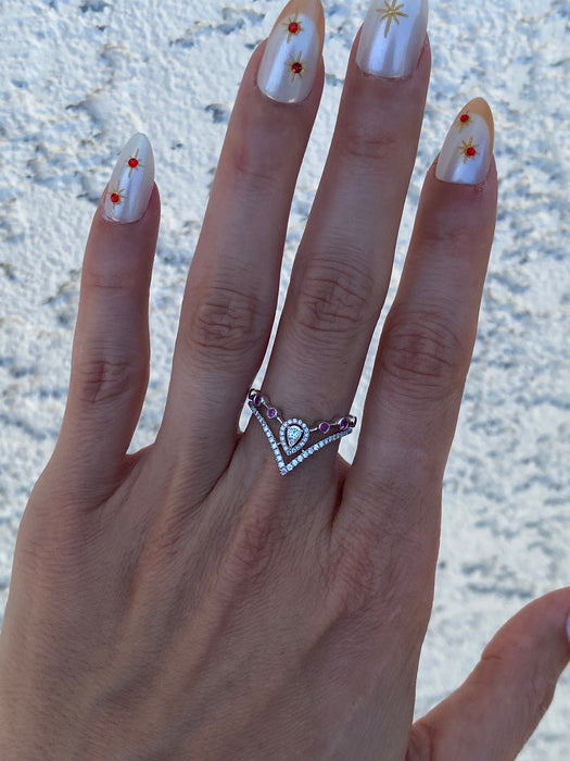 Vintage 18K White Gold Ruby & Diamond Chevron Ring