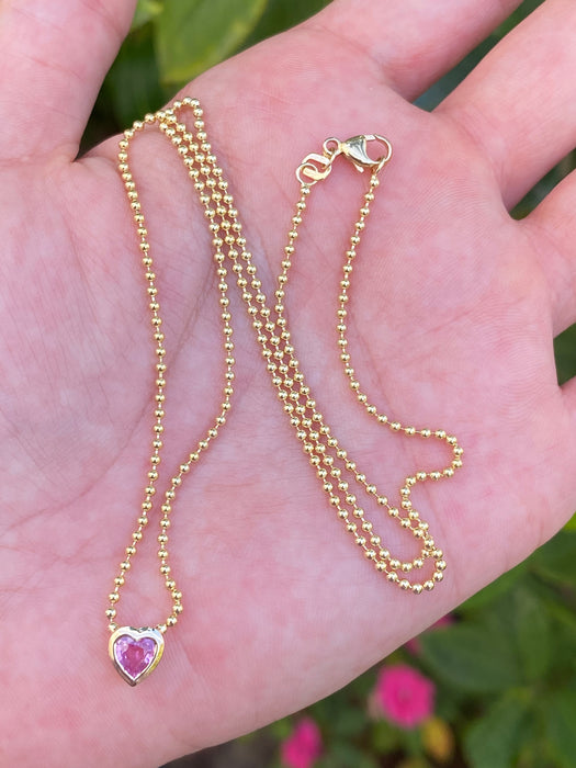 14k bead chain with bezel set pink sapphire heart necklace 18”