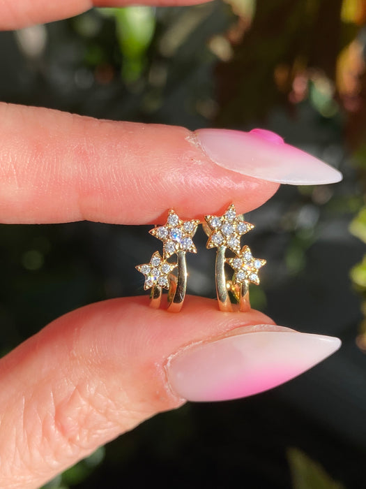 14K Gold Double Star Diamond J Huggie Hoop Earrings