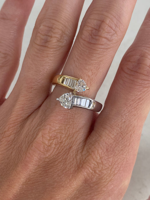 Vintage 18K Gold & Platinum Natural Heart Diamond Bypass Ring