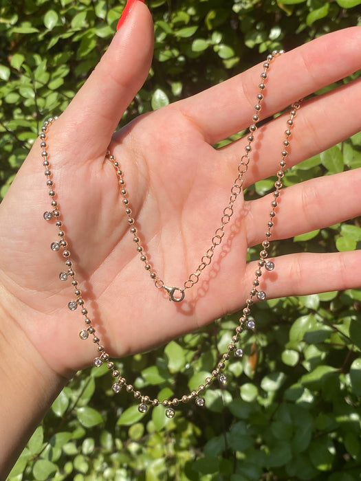 14k bead necklace with bezel set diamond charms