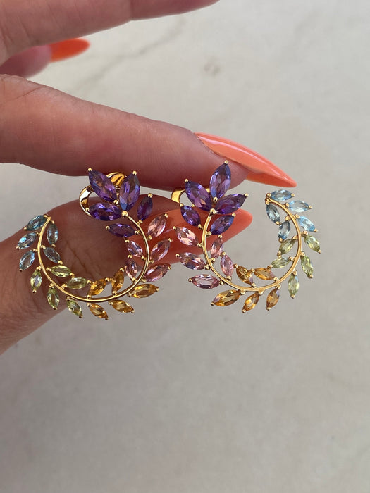 18K Gold Rainbow Marquise Laurel Earrings