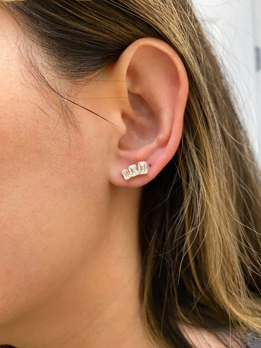 14K Gold Curved Emerald Cut Lab Diamond Stud Earrings – 1.9 CTW